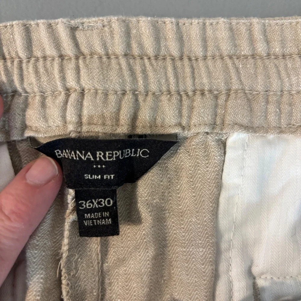 Banana Republic Mens 36x30 Slim Fit Linen Cotton Blend Elastic Waist Pants Tan